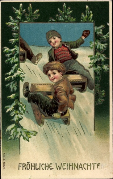 Embossed Postcard Congratulations Christmas, children, sleigh, fir branches