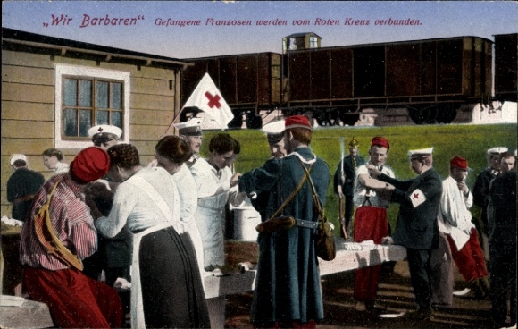 Postcard We Barbarians, French prisoners are bandaged by the Red Cross