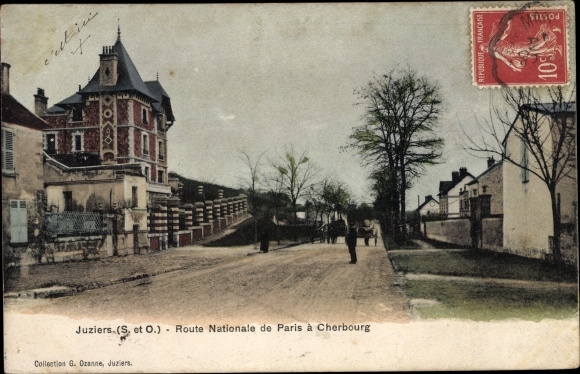Postcard Juziers Yvelines, National Road from Paris to Cherbourg
