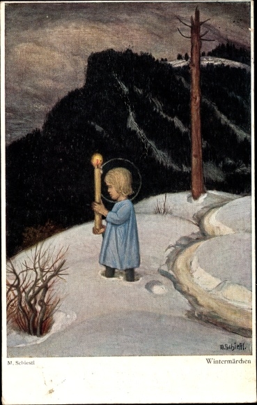 Artist PC Schiestl, Matthäus, winter fairy tale, child with candle in the snow