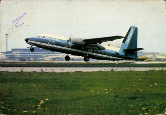 Postcard passenger aircraft, Fokker Friendship, City Hopper, PH-KFD