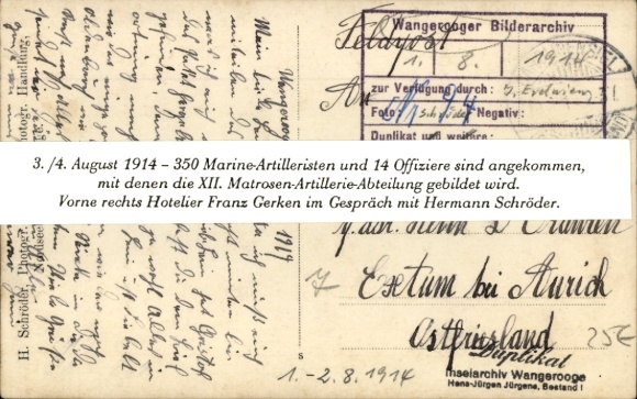 Fot. KP Wangerooge, XII. Dywizja Artylerii Marynarskiej, 3-4 sierpnia 1914, Franz Gerken, H. Schröder