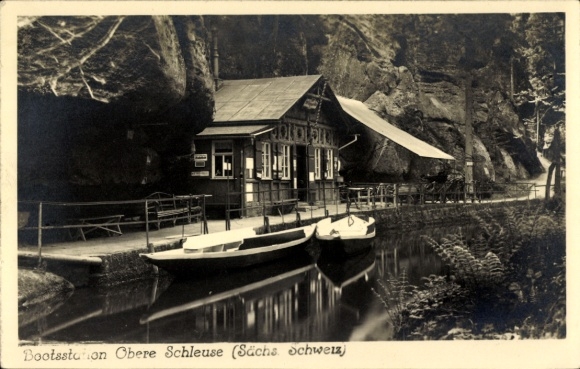 Postcard Hinterhermsdorf Sebnitz in Saxony, boat station Obere Schleuse