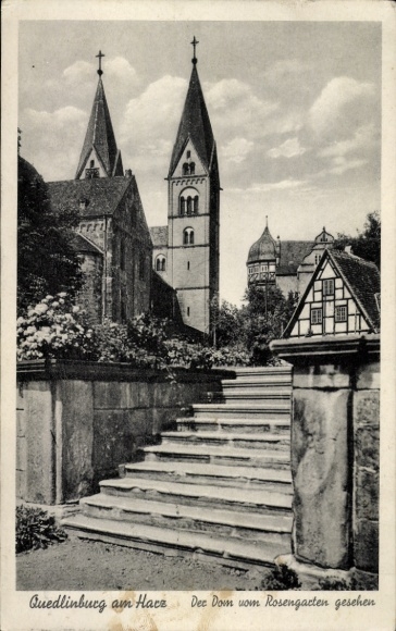 Ak Quedlinburg in het Harzgebergte, Quedlinburg am Hace, Kathedraal vanuit de rozentuin, Trappen, Kerken