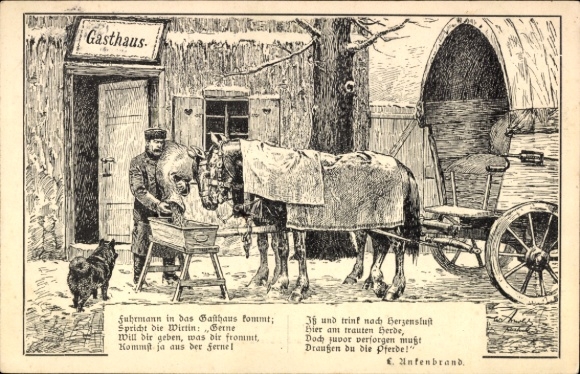 Artist Postcard carter comes to the inn, horses, watering place, fodder