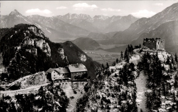 Postcard Pfronten in Allgäu Bavaria, Falkenstein Castle, view of Zugspitze, castle hotel, castle ruins, mountains