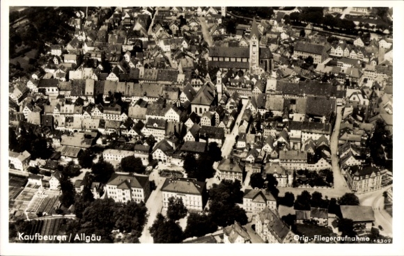 KP Kaufbeuren na Wertach w Szwabii, widok z lotu ptaka na Allgäu, budynki, widok na miasto