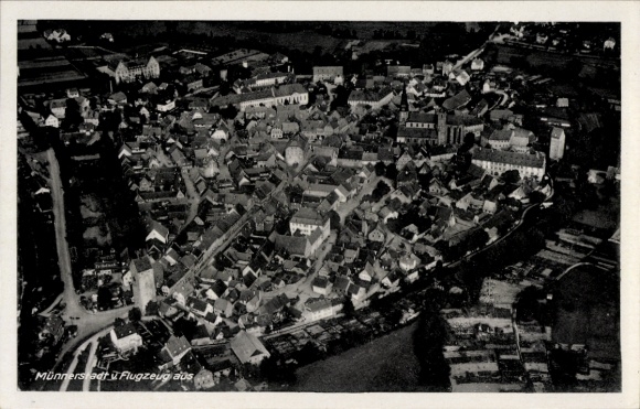 Postcard Münnerstadt in Lower Franconia Bavaria, aerial photograph, architecture, idyllic landscape