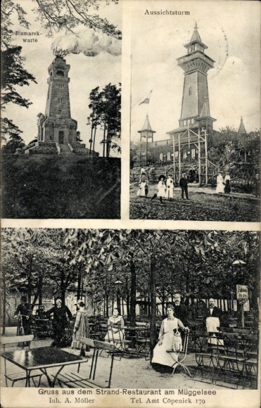 Postcard Berlin Köpenick, beach restaurant at Müggelsee, owner A. Möller, Bismarckwarte, observation tower