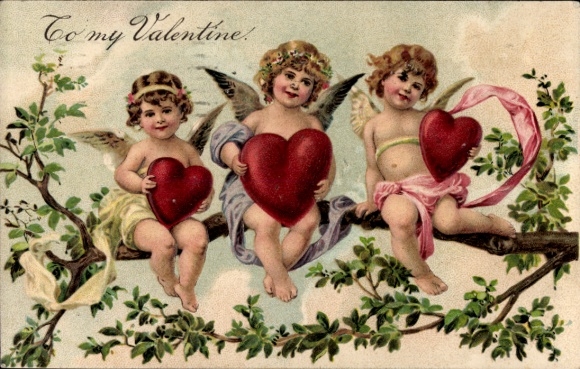 Embossed Card Congratulations Valentine's Day, Love Angel, Hearts, Tree