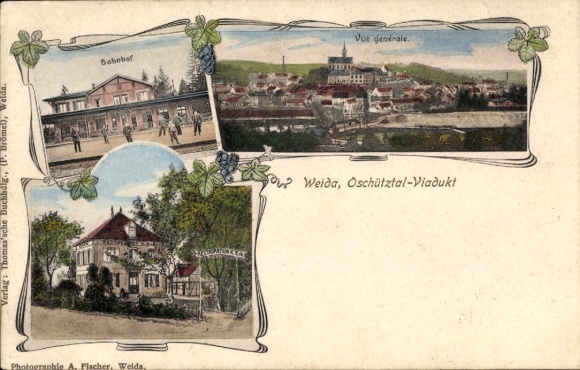 Postcard Weida in Thuringia, Oschütztal viaduct, train station, long view, inn
