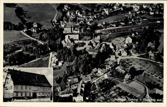 Ak Oeslau Rödental in Opper-Franken, luchtfoto, brouwerij en restaurant. Grosch