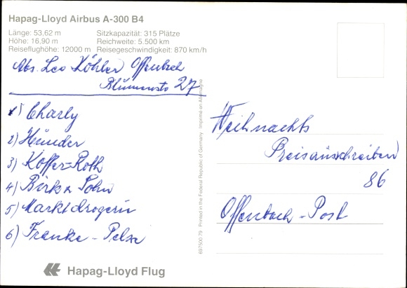 Postcard passenger aircraft Airbus A 300 B 4 of Hapag Lloyd