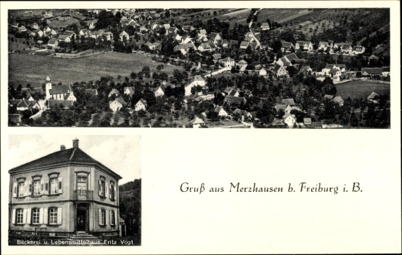 Ak Merzhausen im Breisgau, Panoramablick auf Merzhausen, Bäckerei Fritz Vogt