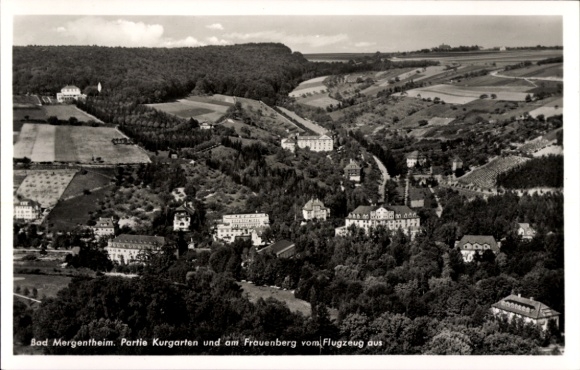 Postcard Bad Mergentheim in Tauberfranken, aerial photograph, spa gardens, Frauenberg