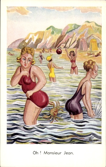 Künstler Ak Oh! Monsieur Jean, Frauen am Strand, Krabbe