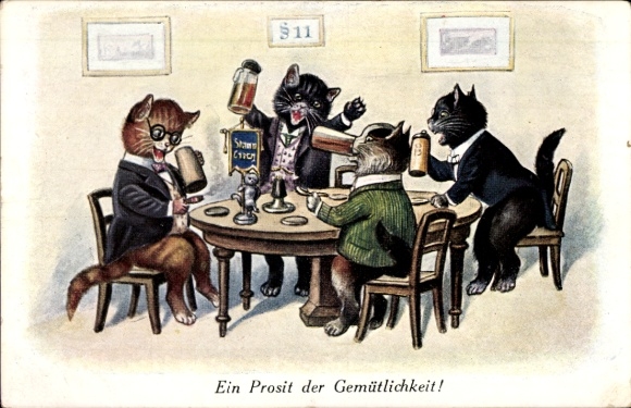 Artist Postcard Kaskeline, F., A toast to coziness, anthropomorphized cats, regulars' table, beer