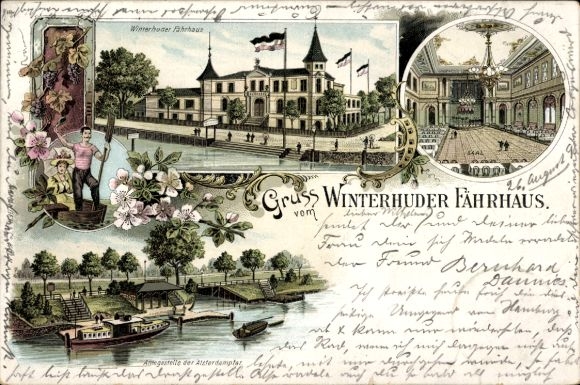 litho Hamburg Nord Winterhude, veerhuis Winterhuder, hal, pier voor de Alster-stoomboot