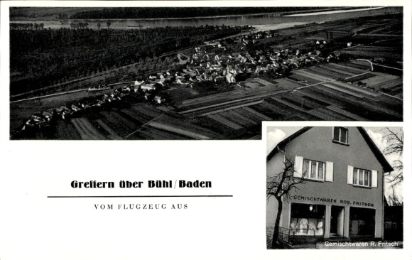 Ak Greffern Rheinmünster am Rhein, Fliegeraufnahme, Geschäft R. Fritsch