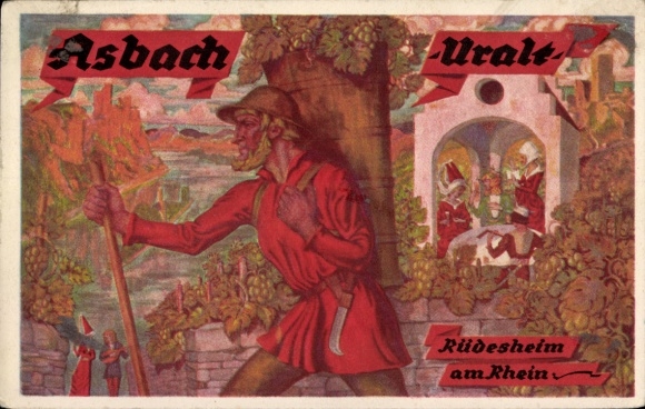 Postcard Rüdesheim am Rhein, Asbach Uralt, brandy