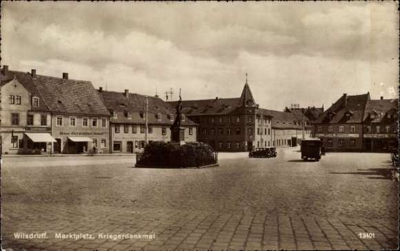 Wilsdruff in Saxony, market square with war memorial, historic buildings, street view, 1...