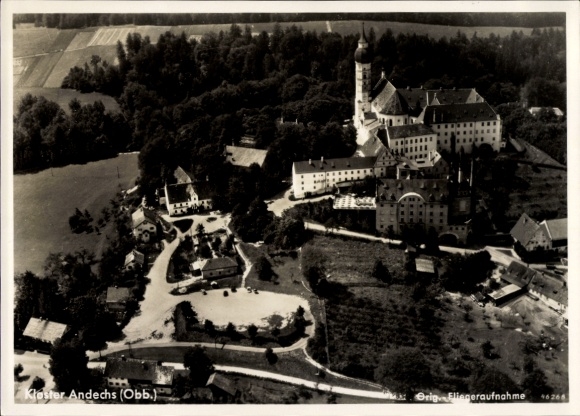 Postcard Andechs am Ammersee, Andechs Monastery, aerial photograph of the monastery and the surrounding landscape, the ensemble