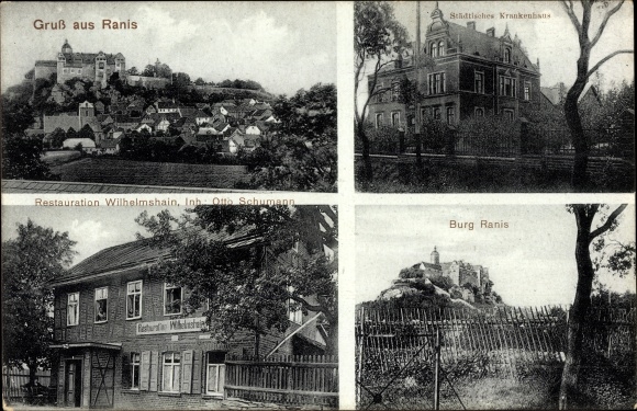 Ak Ranis Saale Orla Kreis, Städt. Krankenhaus, Restaurant Wilhelmshain von Otto Schumann, Burg