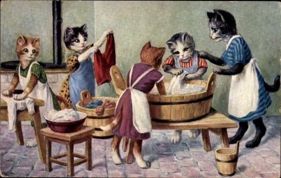 Artist Postcard Humanized Cats Washing Clothes