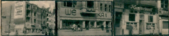 Contact print photos Berlin Friedenau, 3 photos approx. 4x2 cm, Lauterstraße, shops, war destruction