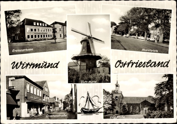 Postcard Wittmund in Ostfriesland, district savings bank, marketplace, Drostenstrasse, church, mill