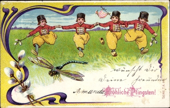 Chromo-Litho congratulations on Pentecost, dragonfly, pussy willow, children in folk costumes