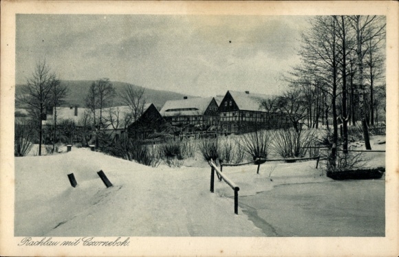 Ak Czorneboh, uitzicht op het dorp en Rachlau in de winter