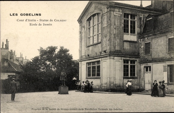 Ansichtkaart Paris XIII., Cour d'Antin, standbeeld van Colbert, tekenschool