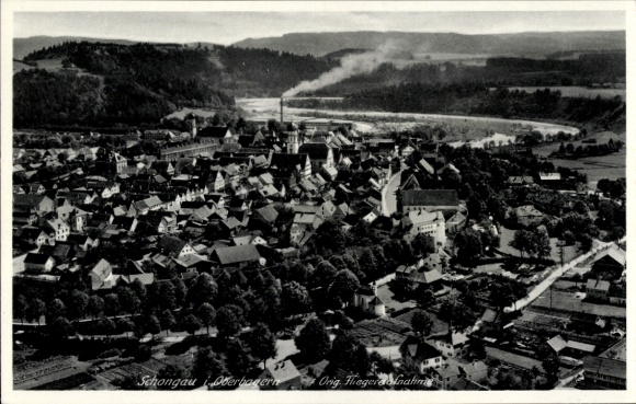 Postcard Schongau in Upper Bavaria, aerial view of Upper Bavaria, river, industry, trees, houses