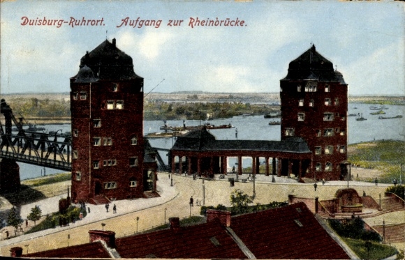 KP Duisburg w Zagłębiu Ruhry, most na Renie, wejście, odcinek rzeki, budynek