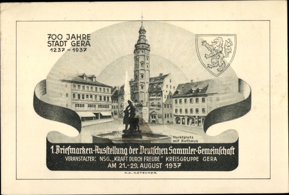 PC Gera in Thuringia, 1st stamp exhibition 1937, KdF district group, 700th anniversary 1937