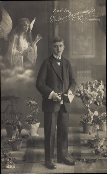 Photo Postcard congratulations confirmation, boy in a suit, angel