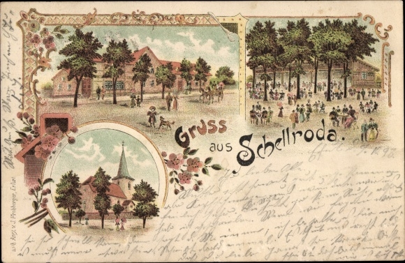 Litho Schellroda Klettbach in Thüringen, Kirche, Gastwirtschaft, Garten