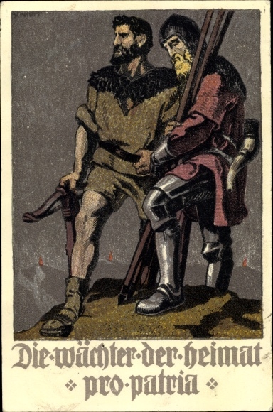 Kunstenaarskaart Zwitsers nationaal feest 1910, de hoeders van het vaderland, Pro Patria, Tell