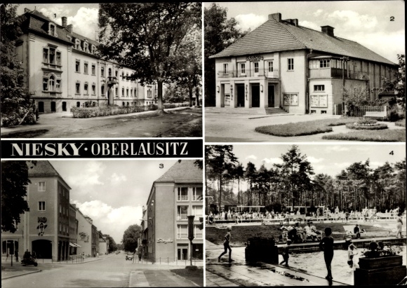 Postcard Niesky in Oberlausitz, hospital, Schauburg Lichtspiele, new buildings on Zinzendorfplatz, Bad