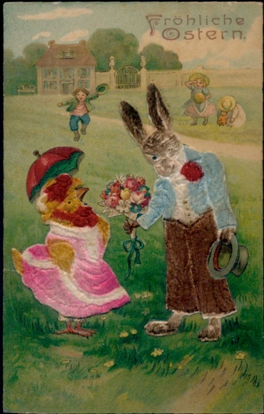 Material Ak Glückwunsch Ostern, Vermenschlichte Tiere, Osterhase, Küken, Blumen