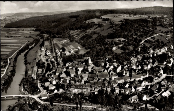 Postcard Forchtenberg in the Hohenlohe district, aerial view of Forchtenberg, surrounding nature, river, buildings