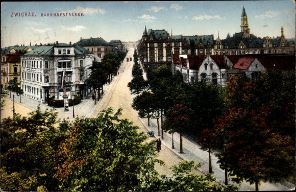 PC Zwickau in Saxony, view of the Bahnhofstrasse, advertising column, banners, houses