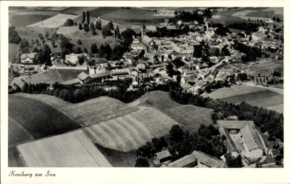 Postcard Kraiburg am Inn Upper Bavaria, aerial view of landscape with fields, houses, church