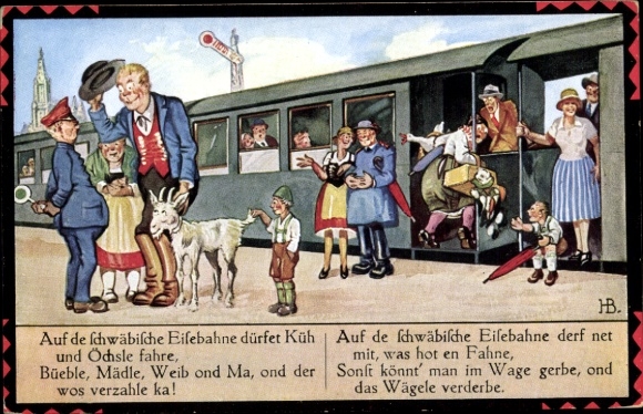 Artist Postcard Boettcher, Hans, Küh and Öchsle can ride on the Swabian railway