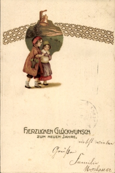 Litho Neujahr, Kinder, Glocke