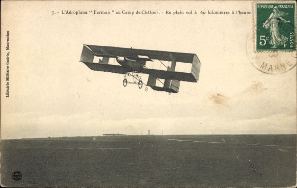 CPA L'Aéroplane Farman au Camp de Châlons, En plein vol à 60 kilometers à l'heure