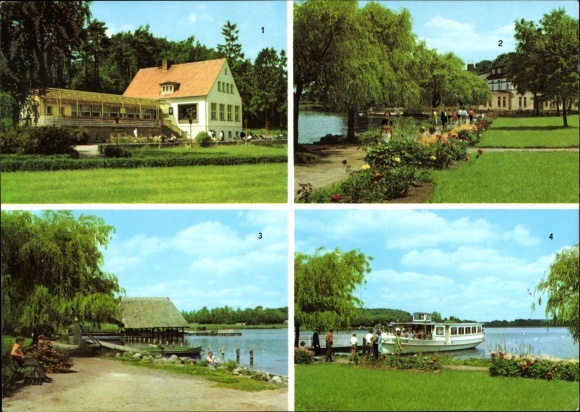 Postcard Krakow am See in Mecklenburg, HOG Jörnberg, promenade, fisherman&#39;s house, steamer dock