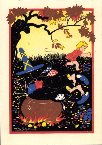Artist Postcard Schermelé, Willy, Hansel and Gretel, fairy tales, Brothers Grimm, witch