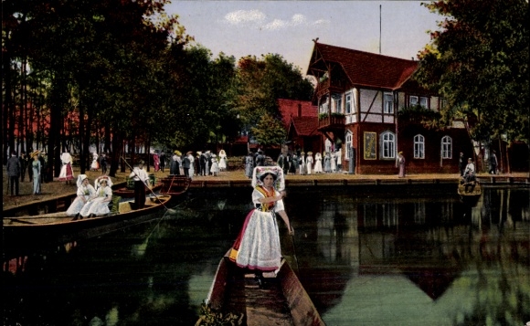 Postcard Wotschofska Lübbenau Spreewald, Restaurant Wotschofska, women in Spreewald costume